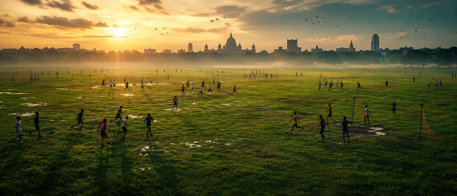 Dozens of informal football matches at golden hour on the Kolkata Maidan, Victoria Memorial on the skyline.